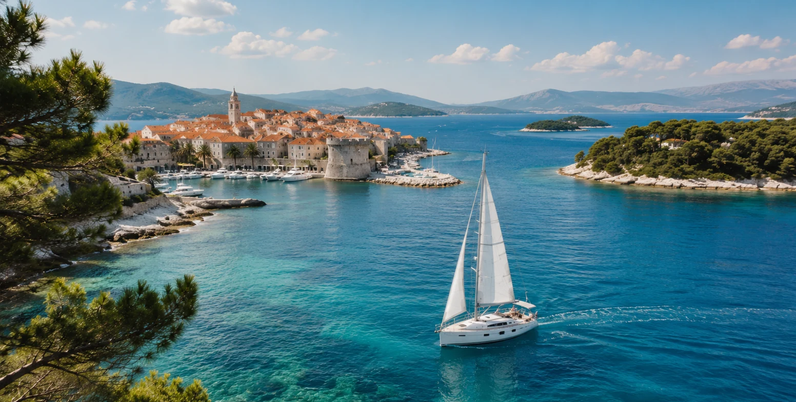 Jedrilica uz hrvatske otoke i kameni obalni grad