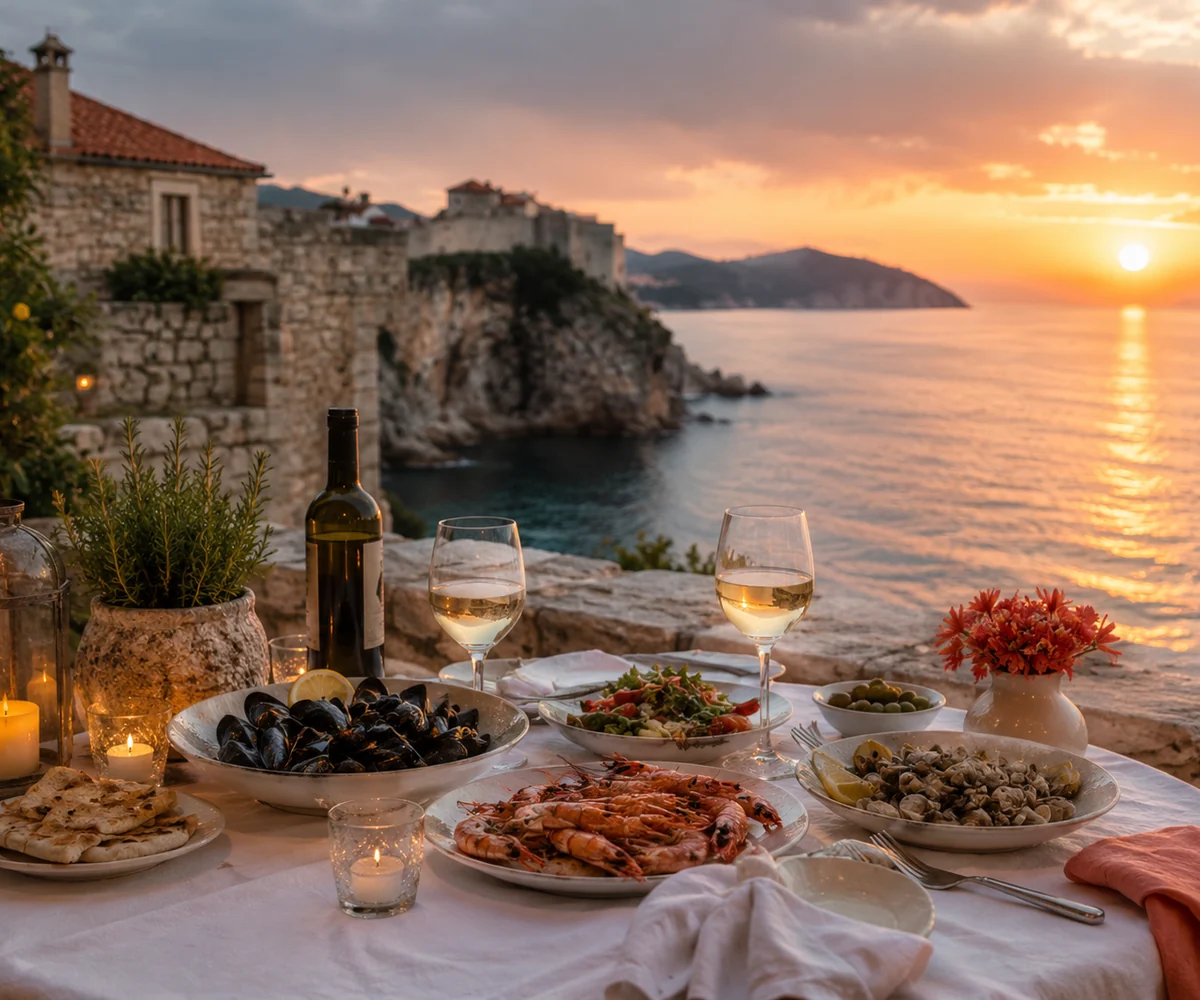 Dalmatinska večera na kamenoj terasi uz zalazak sunca